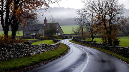 Scenic Foggy Countryside Road with Stone Cottage and Autumn Trees