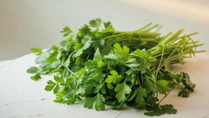Fresh bunches of parsley and cilantro arranged on a light surface for culinary use