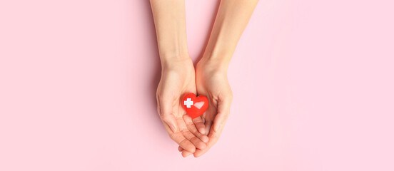 Female hands with red heart on color background. Cardiology concept