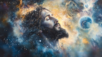 Jesus in Cosmic Glory Jesus surrounded by constellations, planets, and galaxies, emanating divine light into the cosmos.all soft, dynamic, soft minimalist watercolor, fine art art,