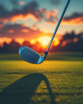 Golf club ready to swing at a pristine green lawn during sunset