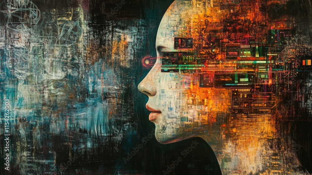 Poster artistic depiction of a human face merging with intricate digital circuits. the vibrant colors and a