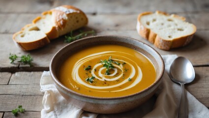 Bowl of creamy pumpkin soup with herbs and swirl on a wooden table with bread