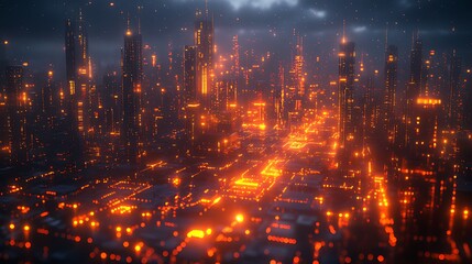 Fototapeta premium Futuristic city at night, glowing orange lights, skyscrapers, digital art.