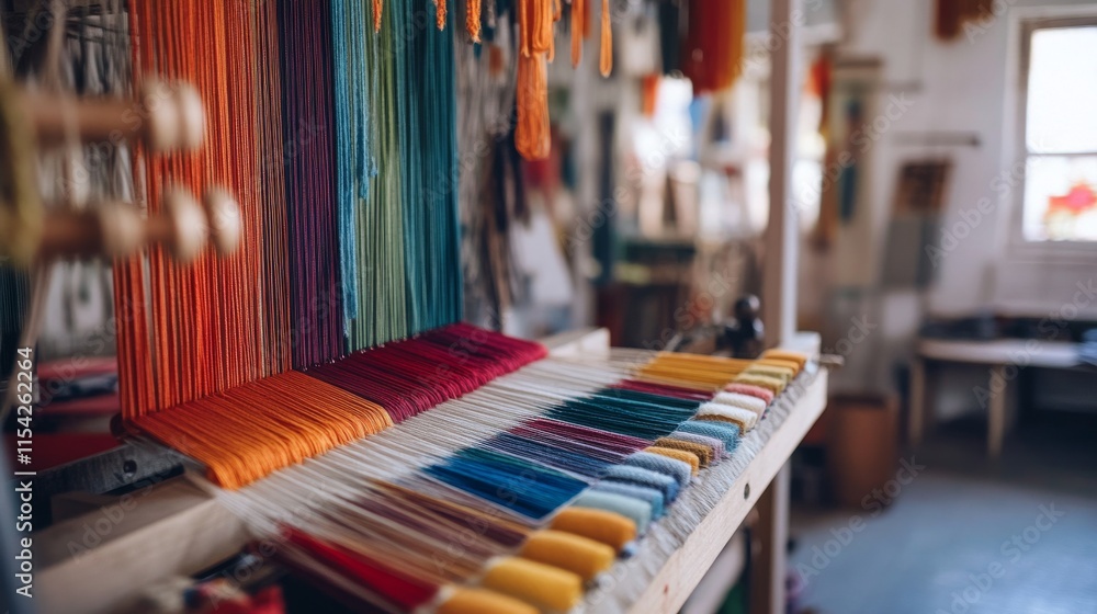Aufkleber An intricate tapestry weaving setup in a bright studio, Loom and colorful threads neatly organized, Minimalist artistic style
