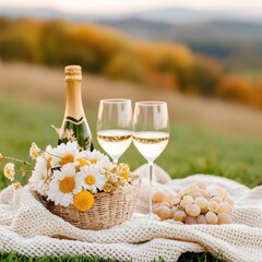 Romantic Picnic with Champagne and Fresh Flowers