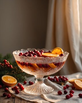 Festive crystal punch bowl with floating cranberries and citrus for cozy holiday gatherings