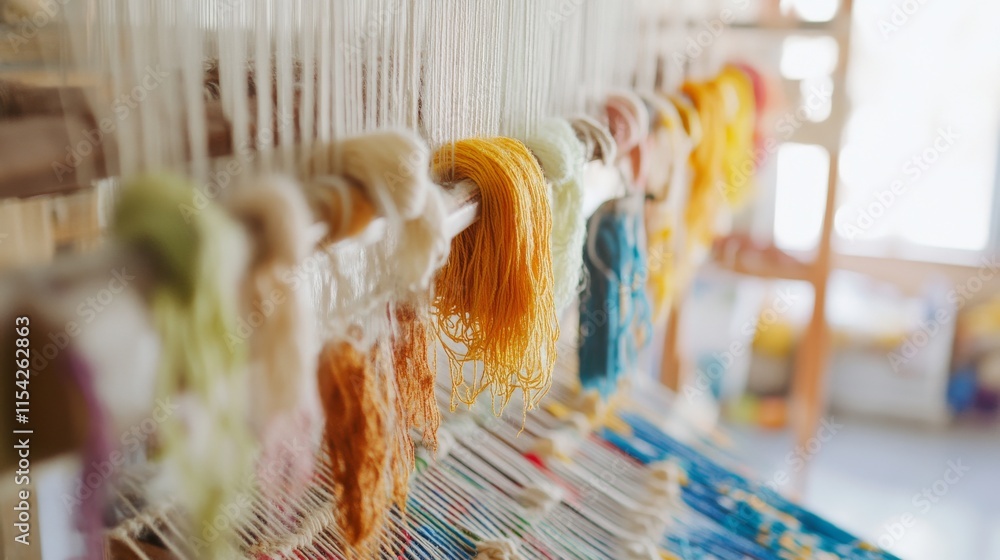 Poster An intricate tapestry weaving setup in a bright studio, Loom and colorful threads neatly organized, Minimalist artistic style