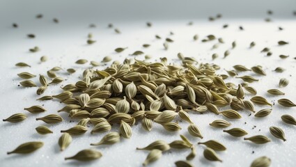 Fennel seeds scattered on a white surface showcasing their unique shape and color