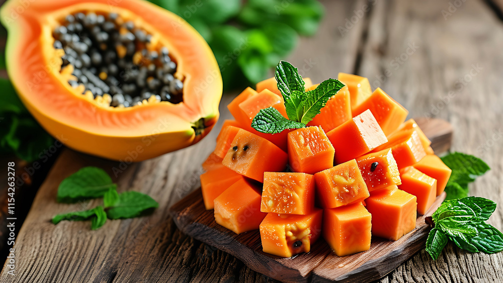 Wall mural Fresh papaya cubes on wooden board