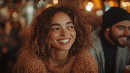 Obraz premium A Young Woman Smiles Brightly In A Cozy Setting