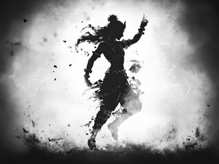 Krishna in a high-contrast black and white silhouette, soft glow of light surrounding his form.