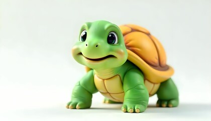 Fototapeta premium The image is a 3D rendering of a small toy turtle. The turtle is green in color with a yellow shell on its back. The background is plain white.