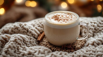 Cozy Winter Latte On Knitted Blanket