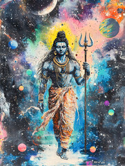 Lord Shiva in a cosmic avatar, standing in the vastness of the universe. His body is painted in ash, shimmering with starlight, and his third eye radiates powerful cosmic energy. He holds the trident