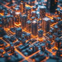 Futuristic cityscape with glowing buildings and illuminated streets.