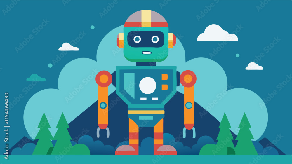 Poster Friendly blue and green robot character standing against a simple turquoise background, showcasing a cheerful expression and modern design features