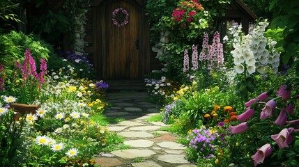 Fototapeta premium Serene Garden Landscape with Vibrant Greenery