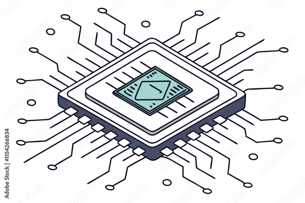 Fototapete vector illustration of a modern microchip with circuit connections and design elements for technolog