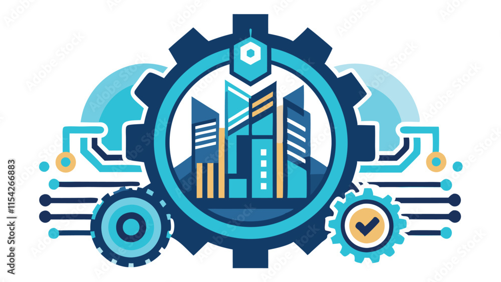 Fototapete Vector illustration depicting technology and data analysis within a gear structure featuring graphs and charts