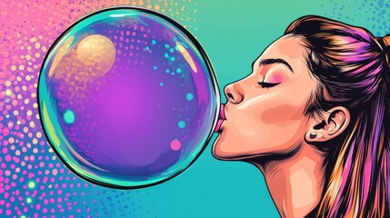 Naklejka premium Colorful pop art style illustration of a woman blowing a vibrant bubblegum