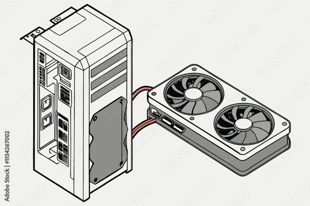 Poster detailed vector illustration of a computer case with an external graphics card connected