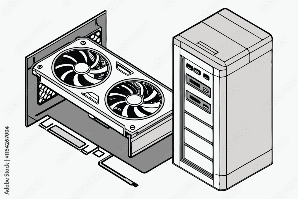 Poster detailed vector illustration of a computer case with an external graphics card connected
