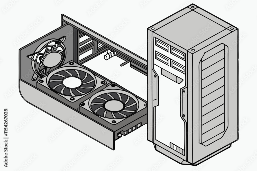 Poster detailed vector illustration of a computer case with an external graphics card connected