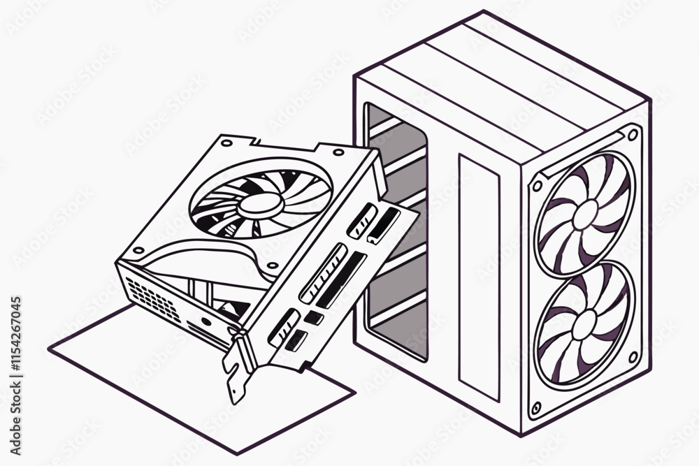 Poster detailed vector illustration of a computer case with an external graphics card connected