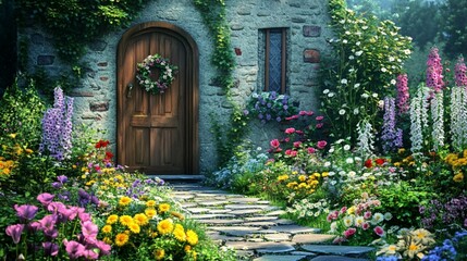 Fototapeta premium Serene Garden Landscape with Vibrant Greenery