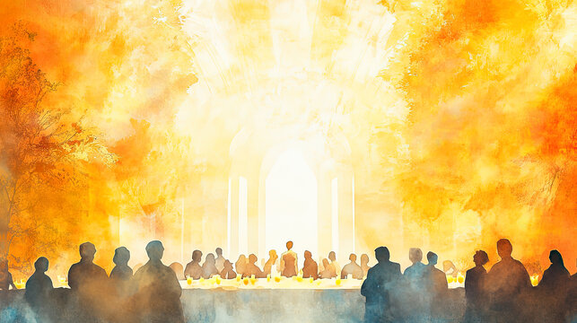 The Parable of the Wedding Feast A grand wedding banquet scene, where guests are invited, but many do not come, illustrating God's invitation to all soft, dynamic, soft minimalist watercolor, fine