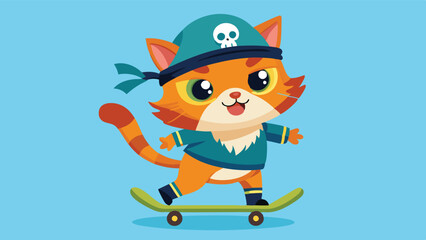 Cute cartoon cat on skateboard wearing pirate attire with eye patch and fun background
