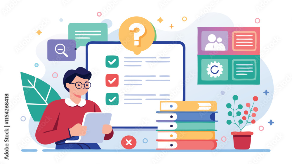 Aufkleber creative workspace design featuring a person using a laptop surrounded by various icons and illustra