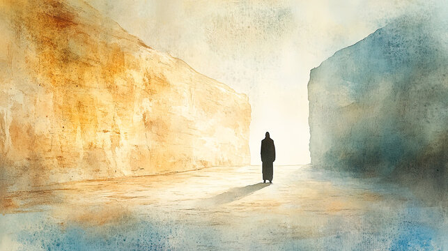The Temptation of Jesus Jesus standing in a desert, resisting the temptations of Satan, with a dramatic contrast between light and shadow.all soft, dynamic, soft minimalist watercolor, fine art,