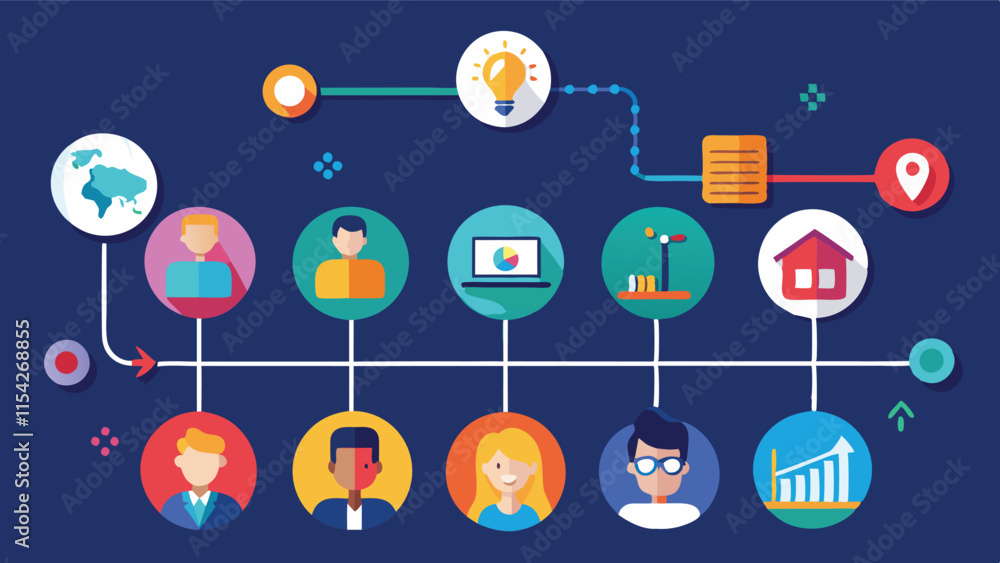 Poster visual representation of interconnected data flow showcasing individuals, technology, and growth in 
