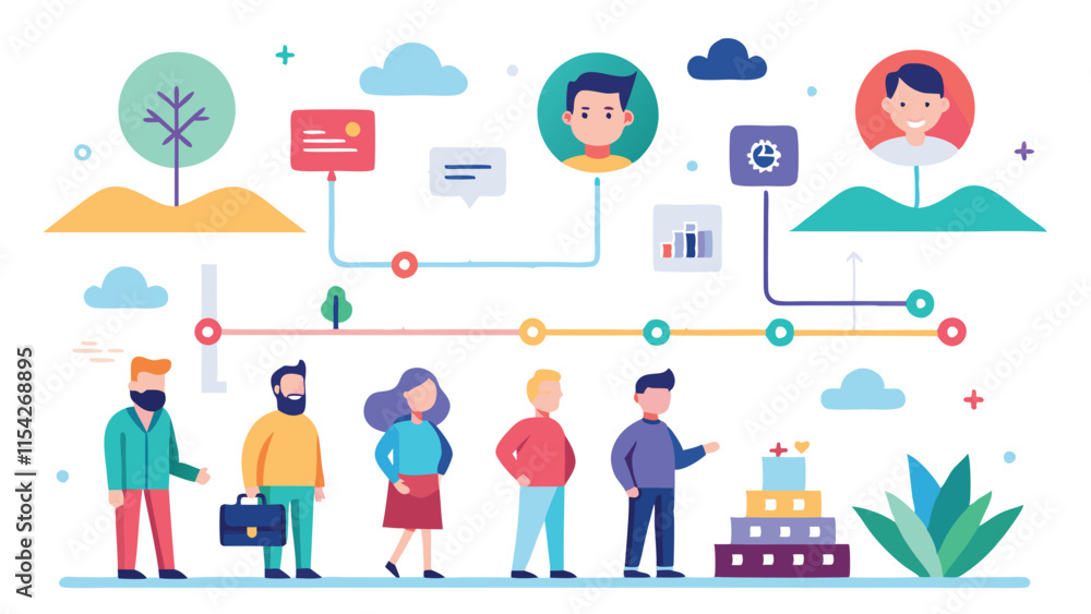 Poster visual representation of interconnected data flow showcasing individuals, technology, and growth in 