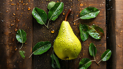 Fresh pear with water drops on wooden background