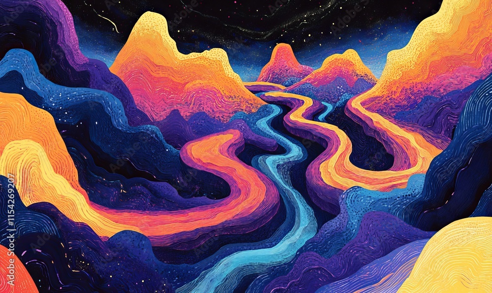 Poster trails twisting through a void in vibrant tones. generative ai
