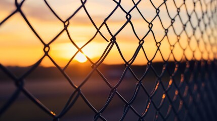 Fototapeta premium A close-up shot of a chain link fence with the warm glow of a sunset in the background, creating a sense of solitude and beauty. Ideal for concepts of boundaries, freedom, and tranquility.. AI
