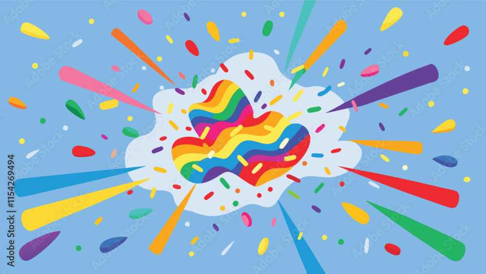 Poster colorful explosion of vibrant shapes and patterns creating a joyful atmosphere against a light blue 