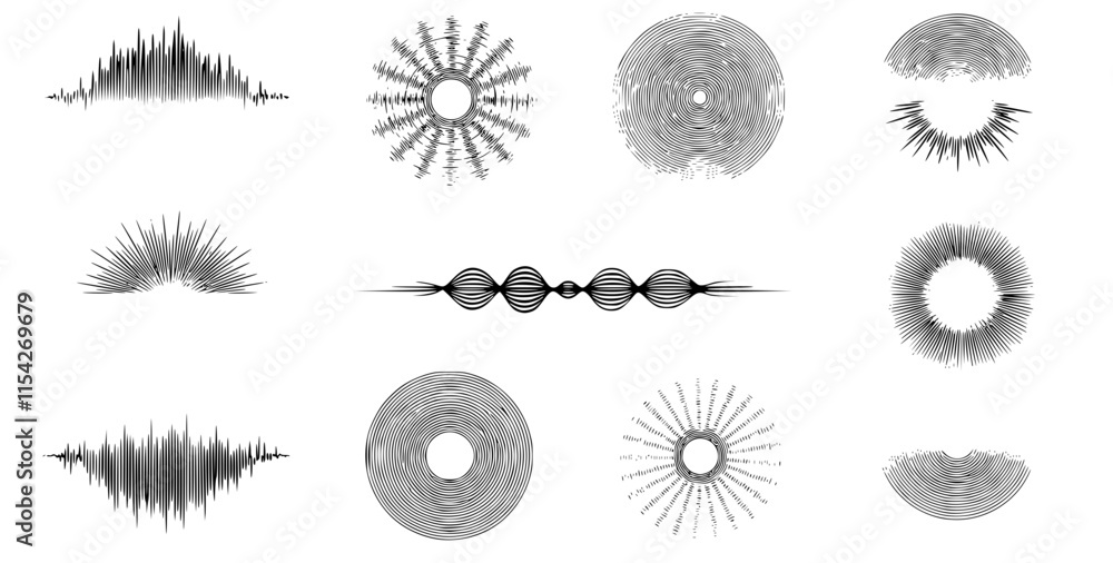 Poster black radial sound wave line pattern set. circular audio, music or voice icon collection. linear und