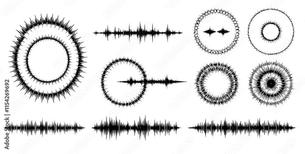 Poster black radial sound wave line pattern set. circular audio, music or voice icon collection. linear und