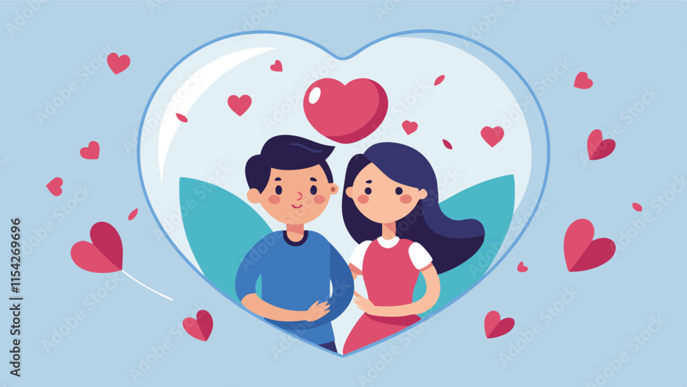 Aufkleber couple embracing in a heart-shaped background with floating hearts and petals, expressing love and a