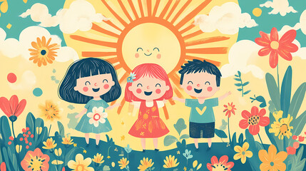 Cute kids illustration, good day, sun, rainbow, flowers. this cheerful design is perfect for adding a touch of joy and color to any project. parhelion. illustration. Parhelia. Illustration