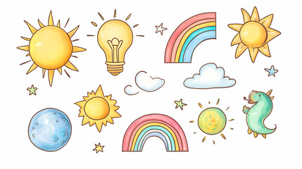 Cute drawn icons: sun, rainbow, light bulb, planet, and more for creative projects. Parhelia. Illustration