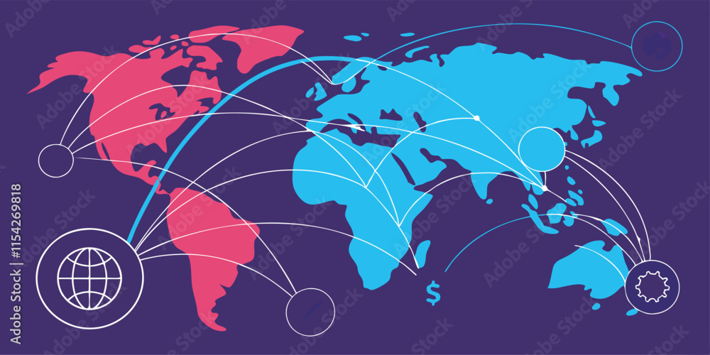 Poster global connectivity illustrated through abstract world map featuring interlinked regions and data fl