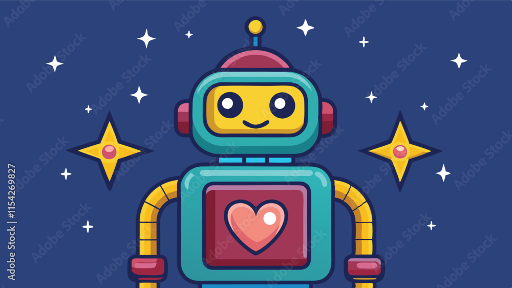 Poster playful vector robot character with a heart design against a starry background, perfect for children