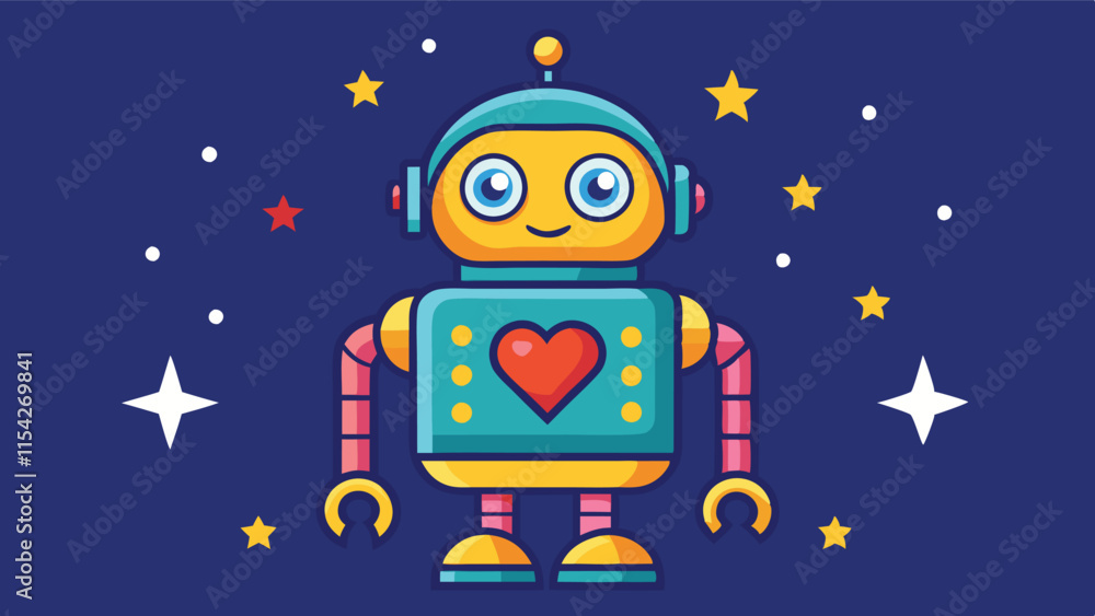 Poster playful vector robot character with a heart design against a starry background, perfect for children