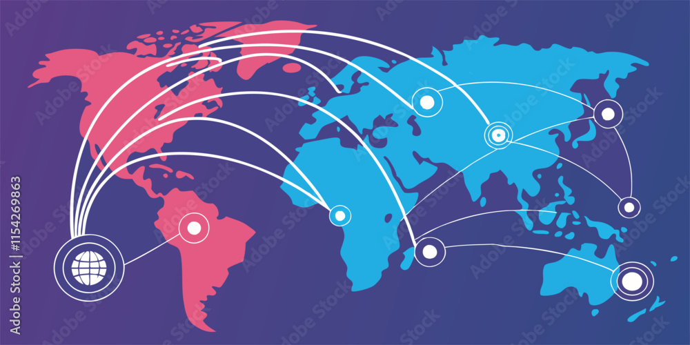 Poster Global connectivity illustrated through abstract world map featuring interlinked regions and data flow in vibrant colors