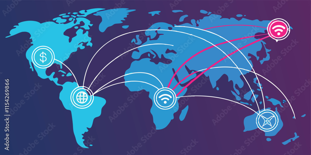 Poster global connectivity illustrated through abstract world map featuring interlinked regions and data fl
